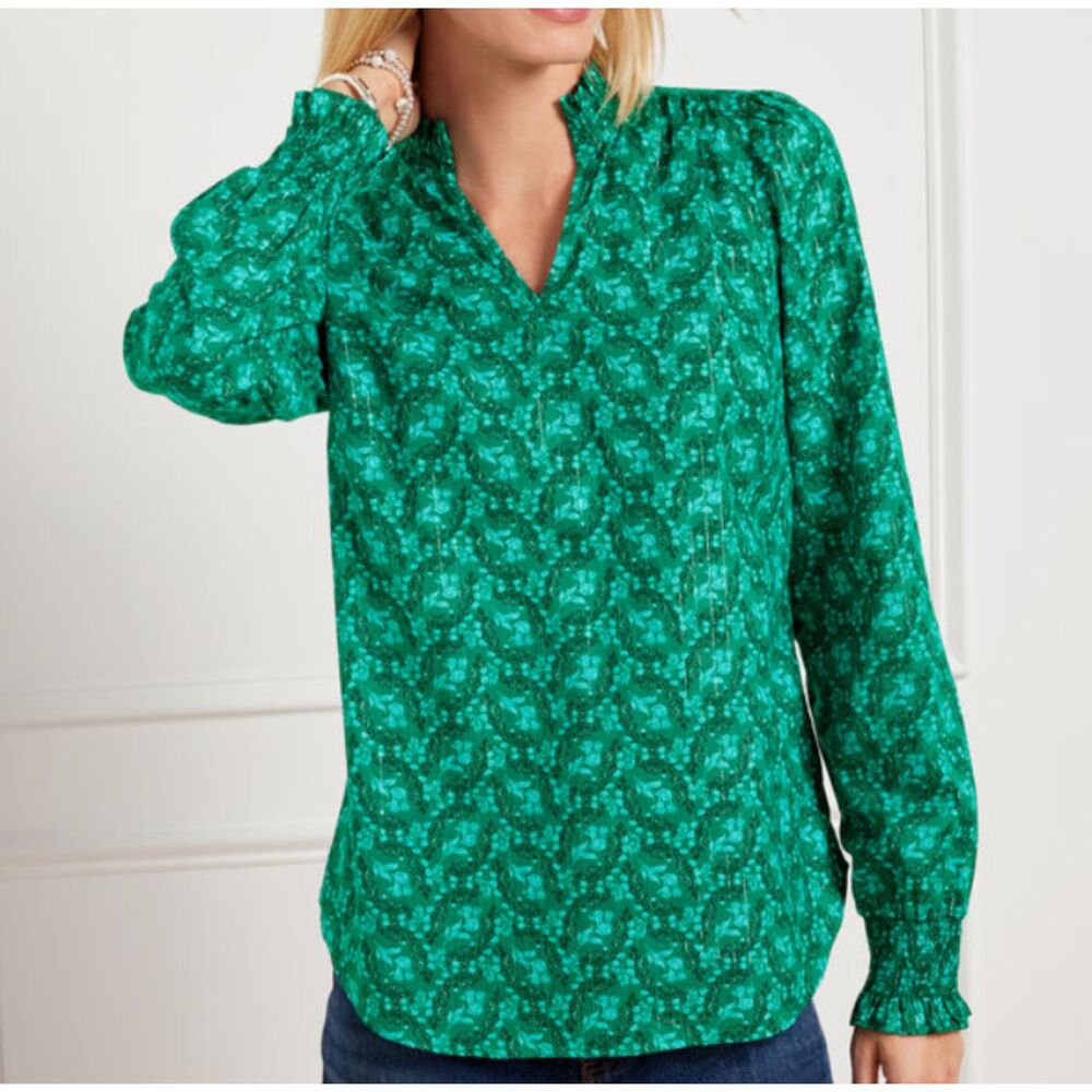 Talbots XL Green Floral Metallic Stripe Blouse Long Sleeve Smocked Cotton Top